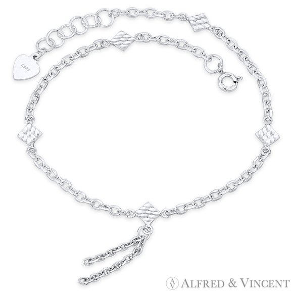D-Cut Square w/ 2mm & 3mm Anchor Link Chain Anklet in .925 Sterling Silver - 10" - Picture 1 of 1